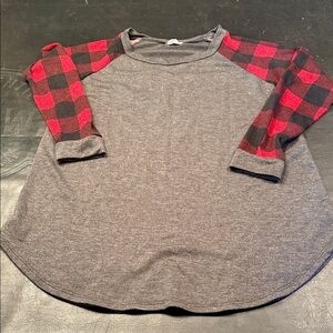 Lovely Melody Gray Raglan Top with Red Buffalo Plaid Sleeves